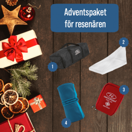 Adventspaket innehåller: Skydd för ryggsäck, myggnät, första hjälpen-kit och resehandduk
